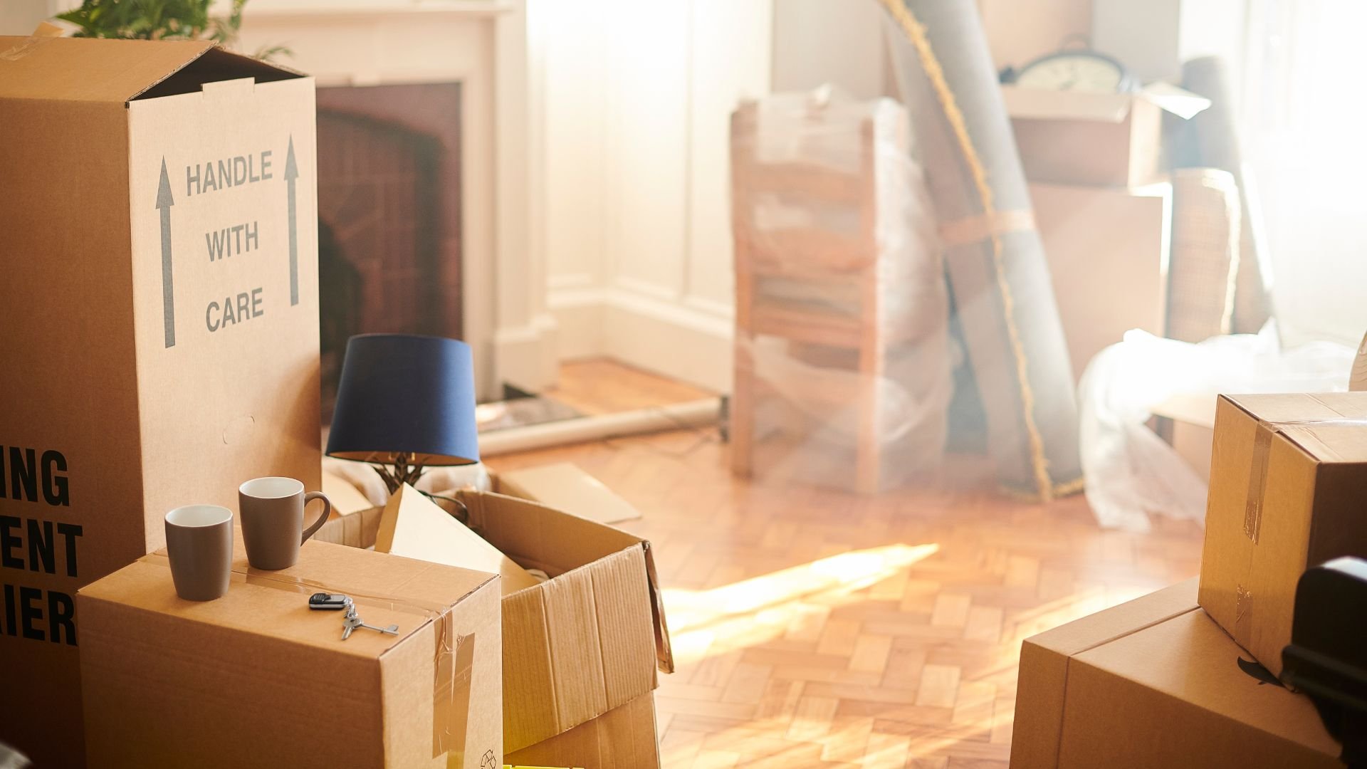Moving boxes, mugs, and lamp in sunlit room during relocation